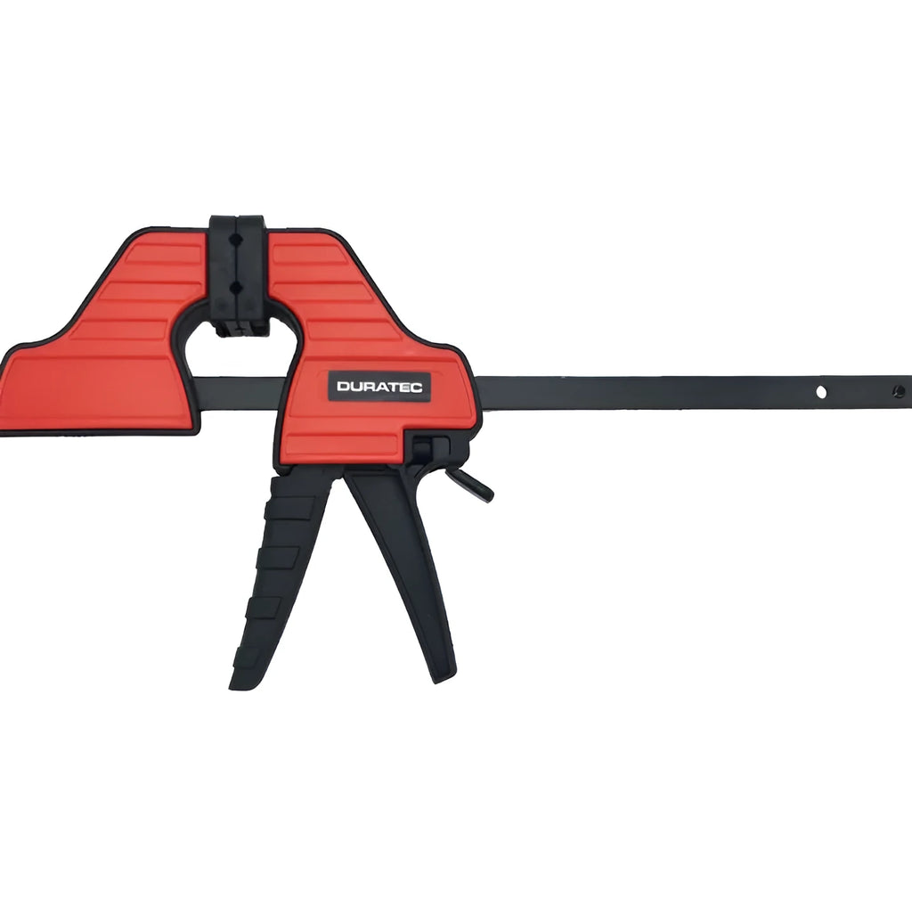 Black plastic quick-adjust woodworking clamp with rubber grips, shown in various sizes.