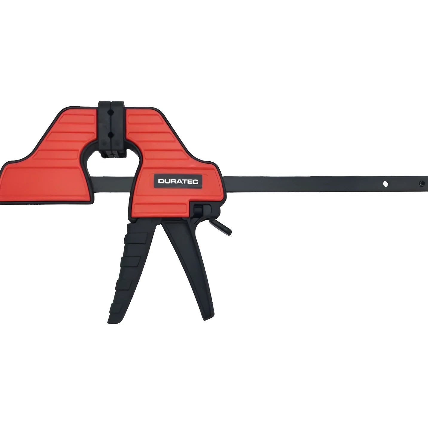 Black plastic quick-adjust woodworking clamp with rubber grips, shown in various sizes.