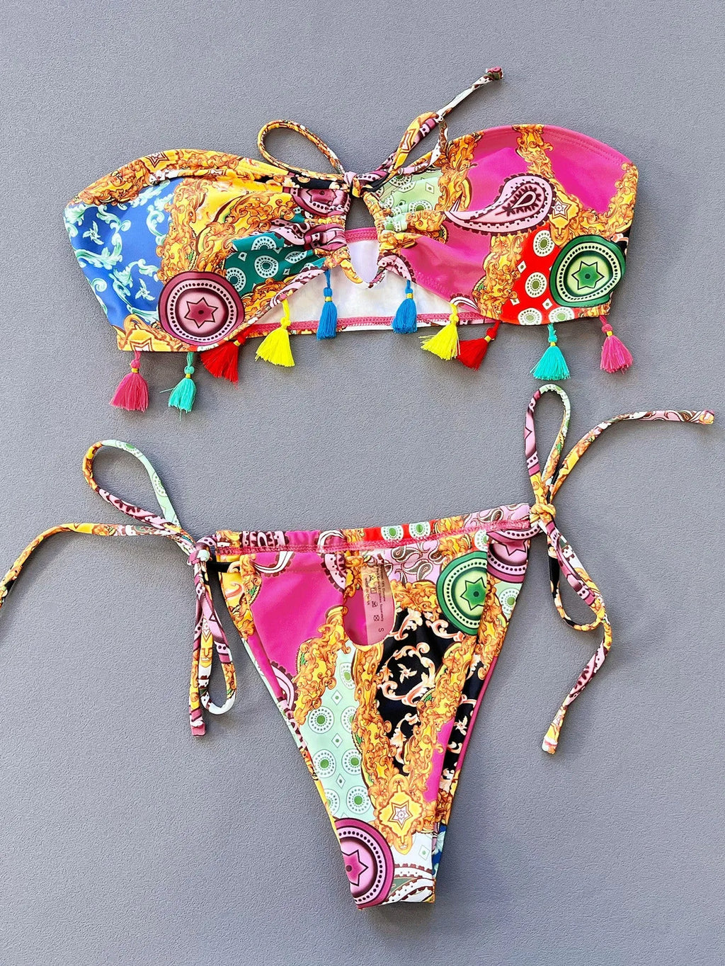 Women's separated tube top bikini set with printing pattern in polyester spandex fabric