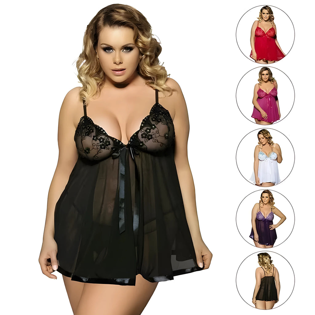 Women's black lace mesh sleepdress lingerie showing seamless construction and sling dress design