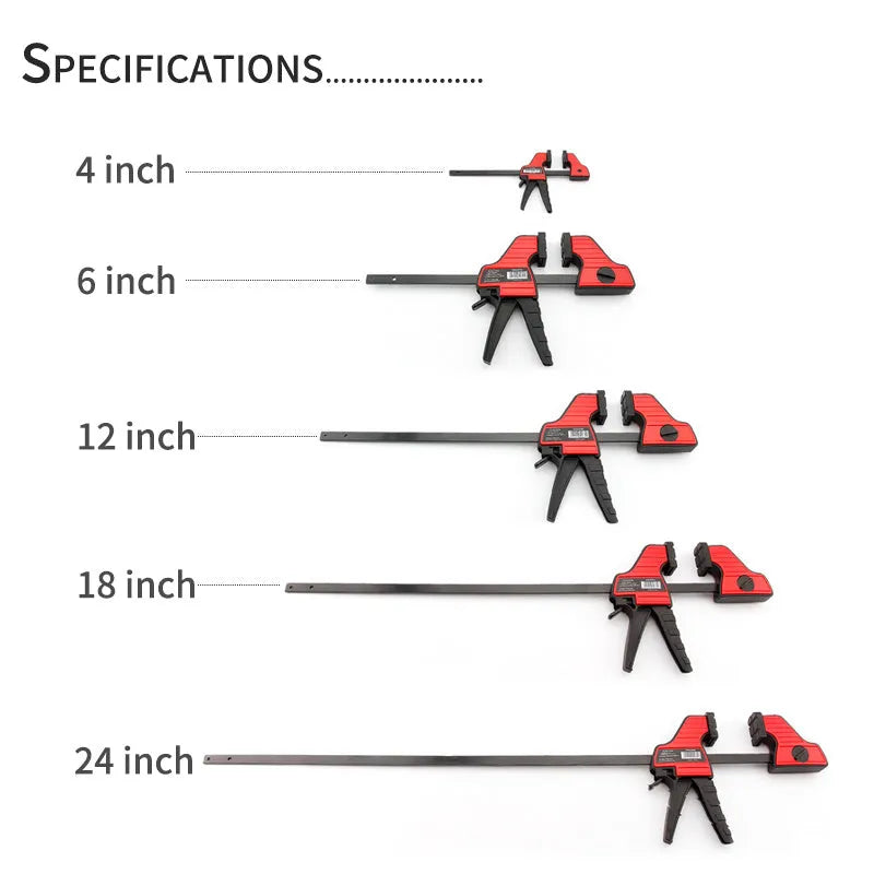 Black plastic quick-adjust woodworking clamp with rubber grips, shown in various sizes.