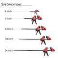 Black plastic quick-adjust woodworking clamp with rubber grips, shown in various sizes.