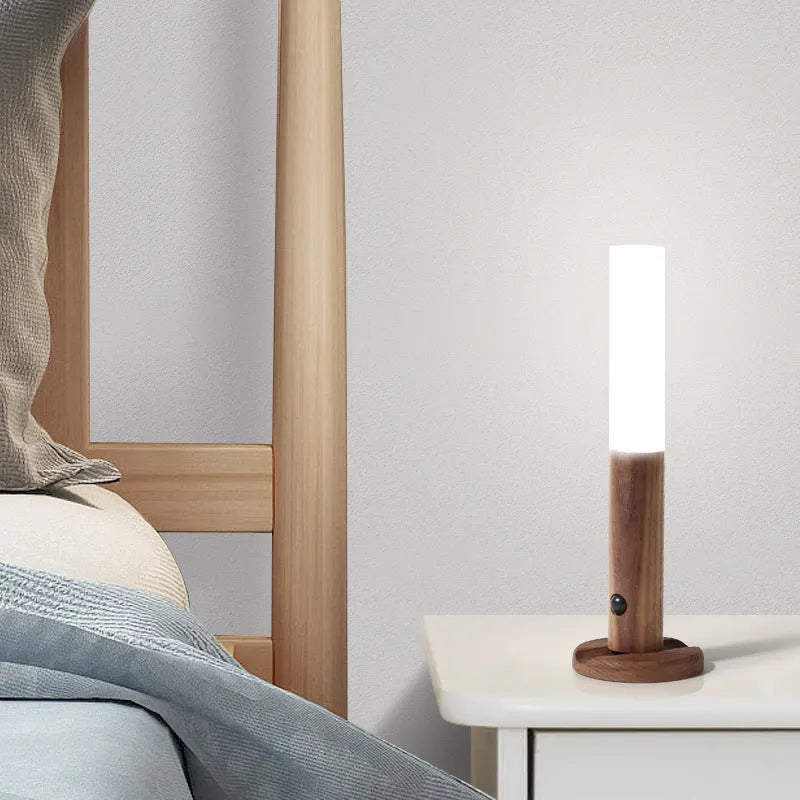 Smart sensor LED desk lamp in solid wood and organic glass with compact dimensions