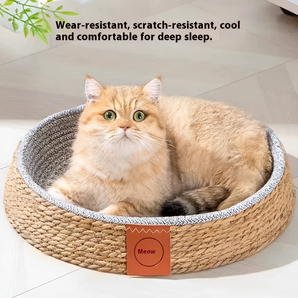 Rattan woven cat nest bed for pets, shown in size L for large cats.