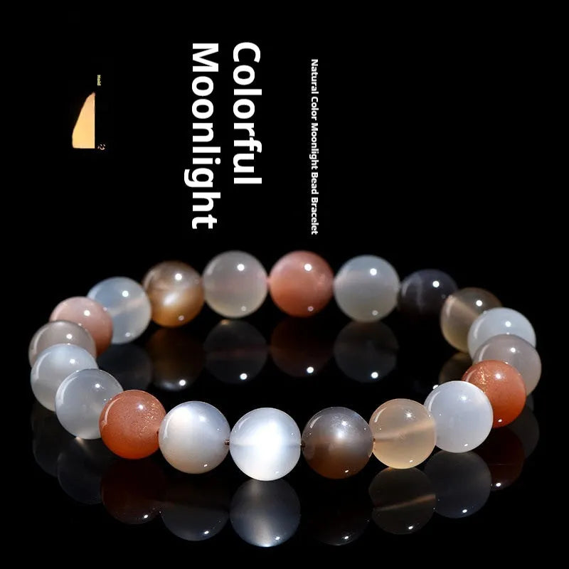 Natural moonstone bracelet with colourful light variation showing 8mm beads in single circle configuration