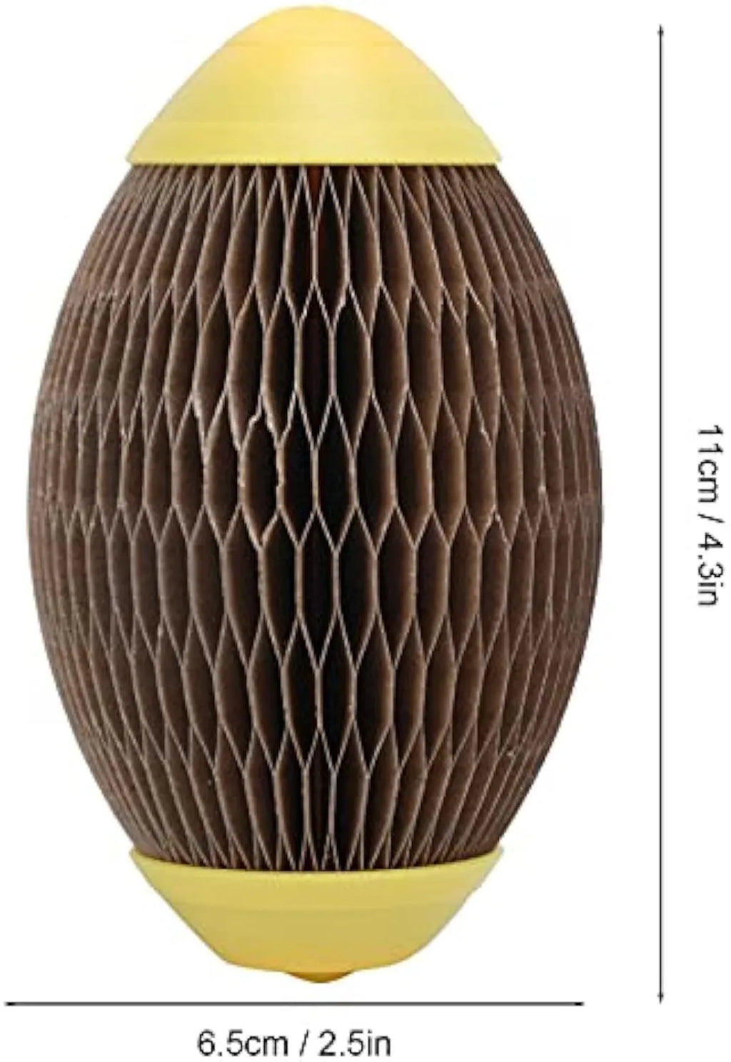 Elliptical corrugated paper catnip scratch ball toy on a plain surface.