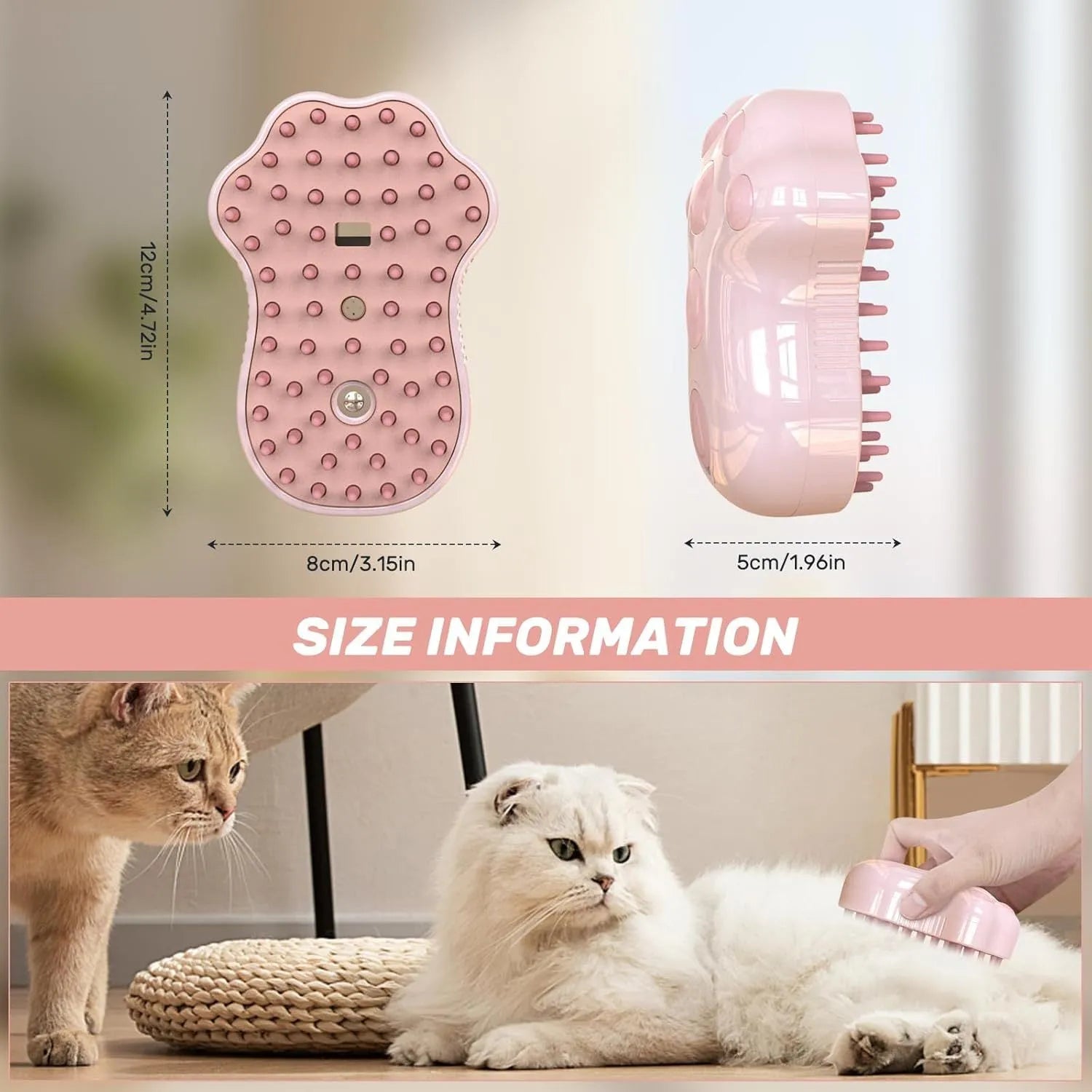 Self-cleaning cat steam brush with blue silicone bristles and release button for pet grooming