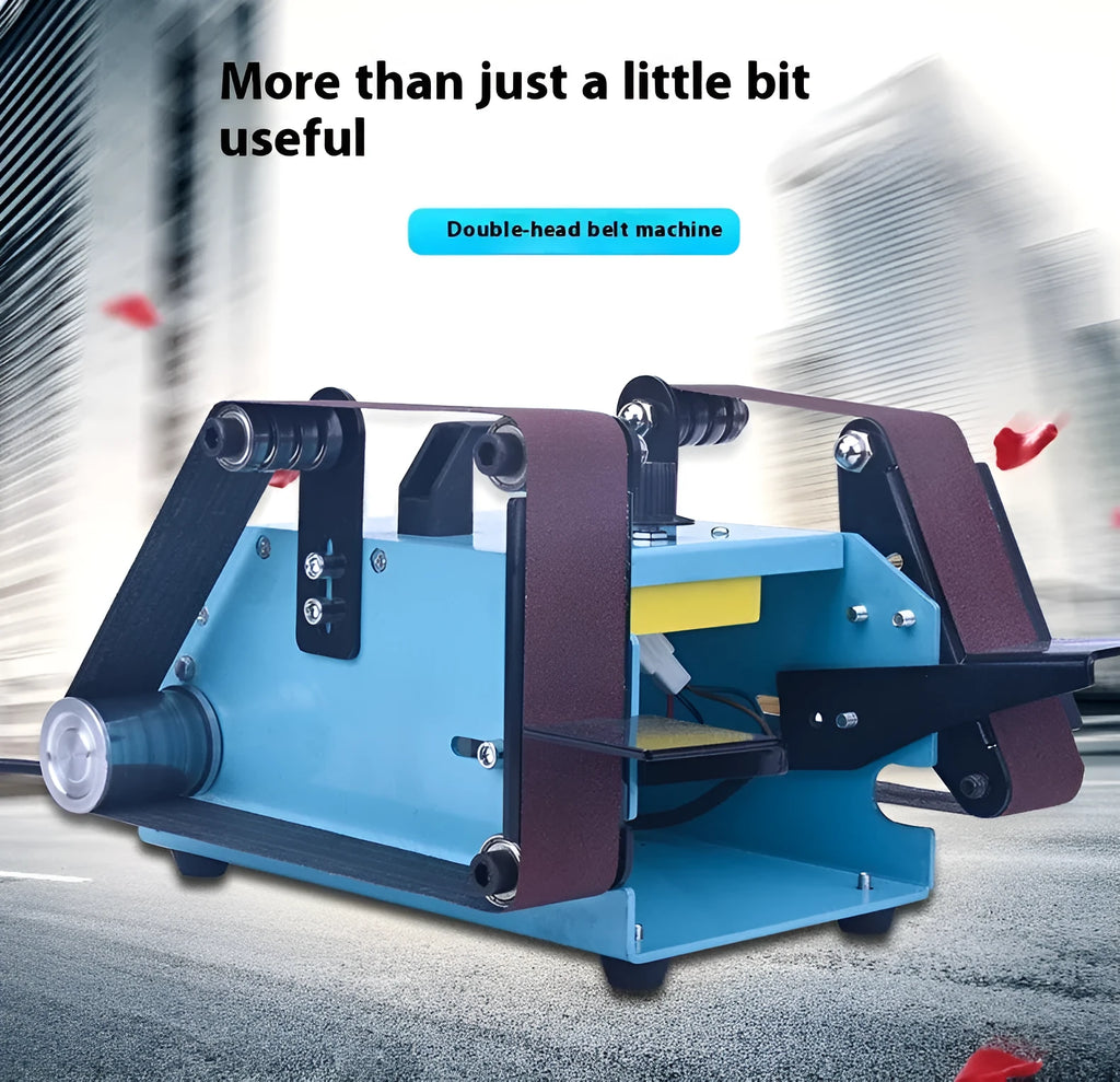 Blue desktop dual-axis belt sander with 750W motor and variable speed control for sharpening and polishing