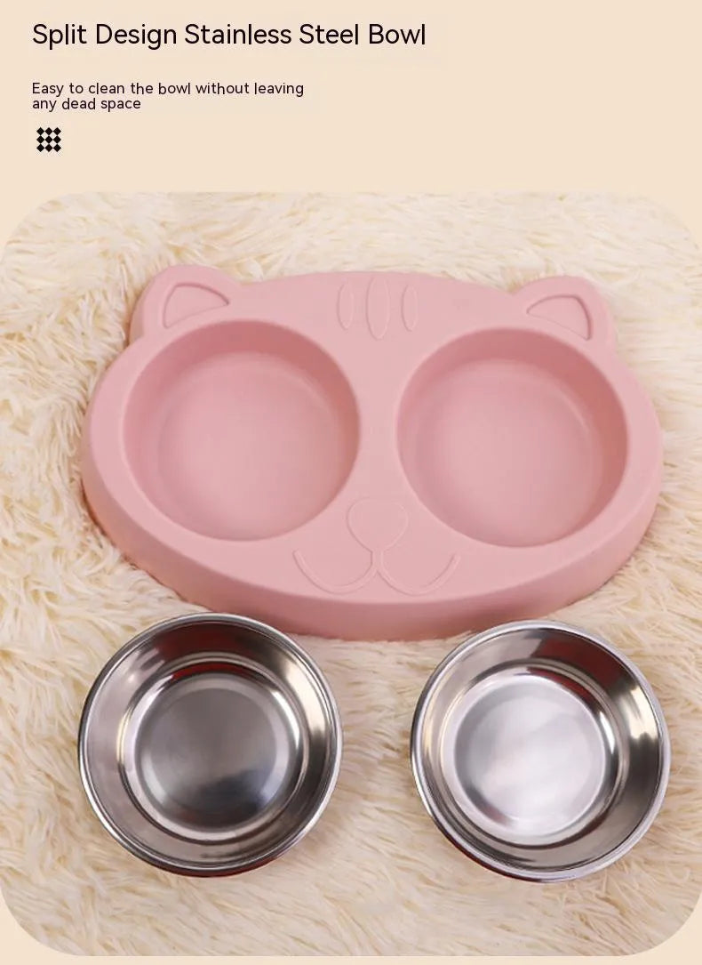 Blue stainless steel cat face bowl for feeding and watering cats, 13 cm diameter