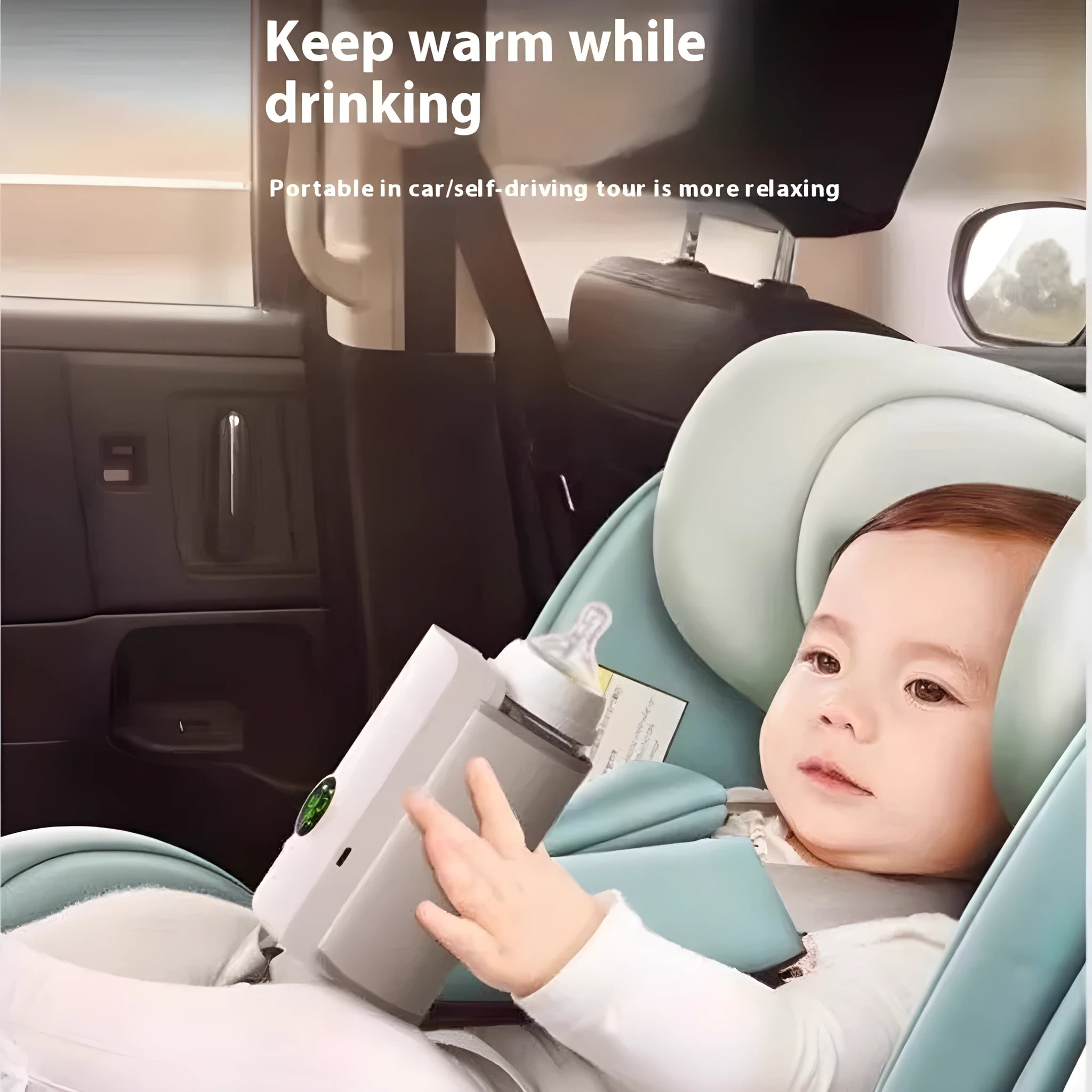Grey and white car charger milk warmer for infant bottles with 12V power connection