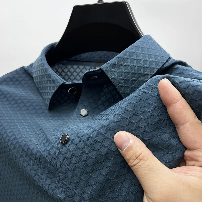 Men's waffle ice silk short sleeve polo T-shirt in Navy, wrinkle-free fabric, collar design, available in sizes M to 4XL.