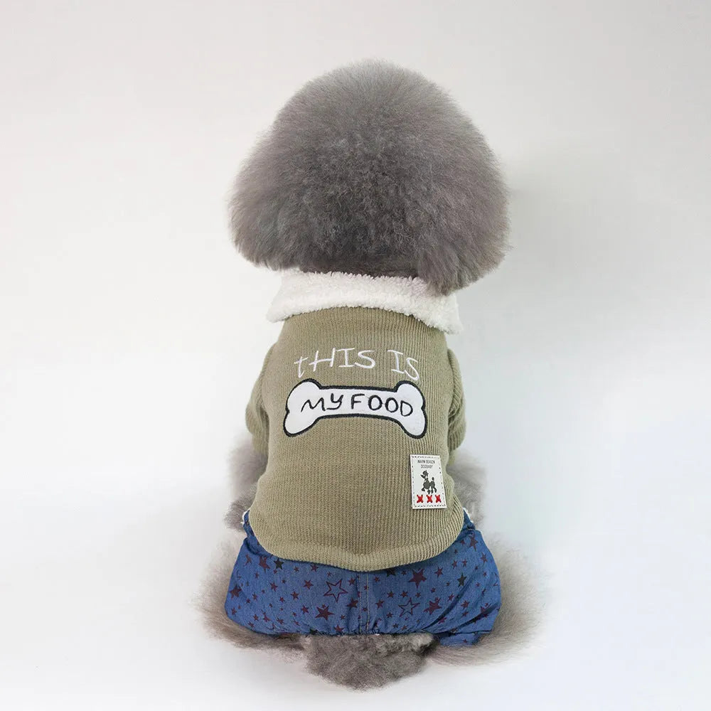 Bone pattern green cotton pet clothing for dogs with pull-on design, Asian size M