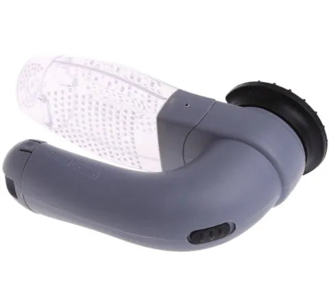 Grey portable electric pet hair vacuum cleaner with soft rubber brush head.
