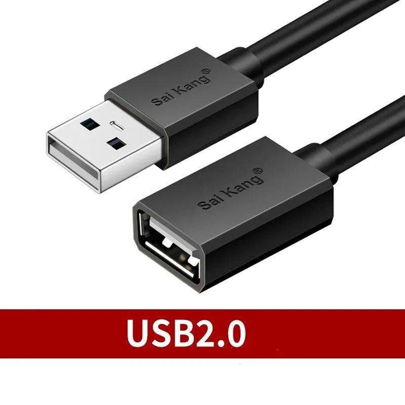 Black USB male to female extension cable showing connectors, available in multiple lengths from 1 to 5 metres.