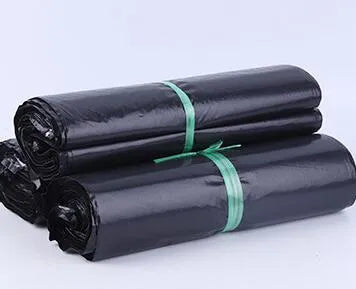 A pack of 100 clear PE courier bags for clothing with adhesive seals, shown in different sizes and colours.