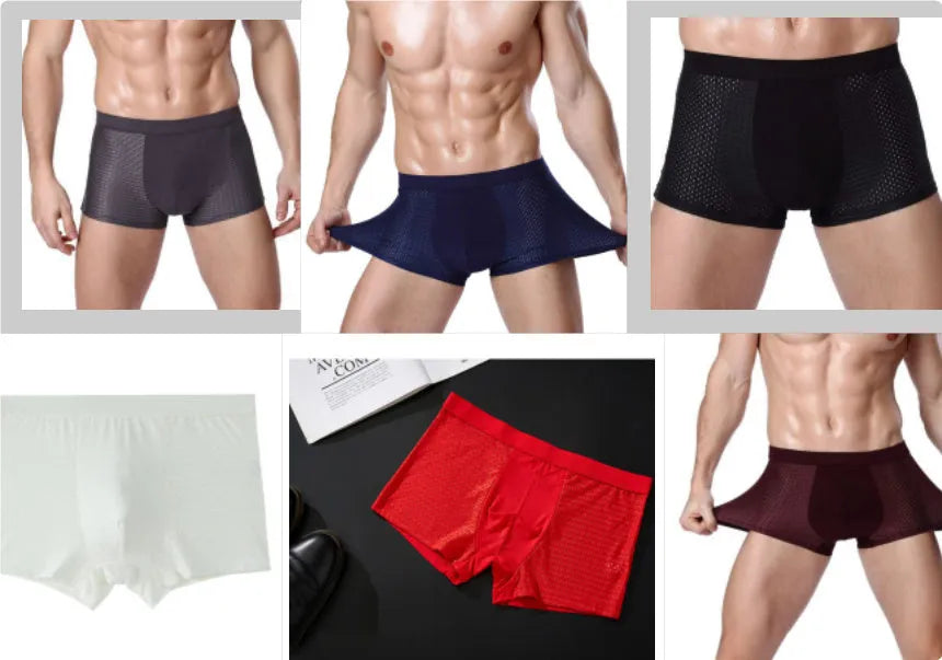 Men's solid colour ice silk modal boxer briefs showing U convex design front panel