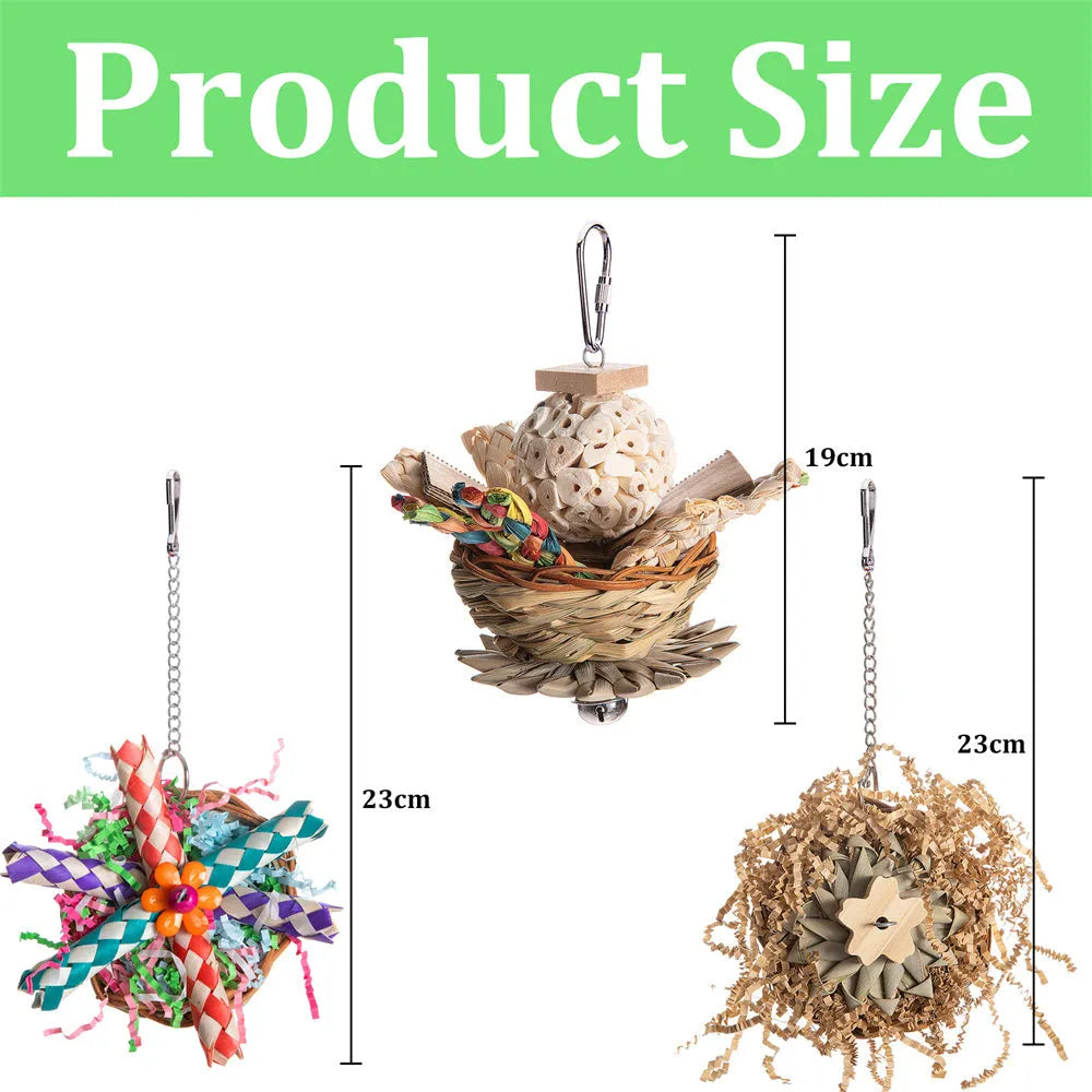 Parrot gnawing toy with three natural wooden blocks on cotton rope for medium to large birds