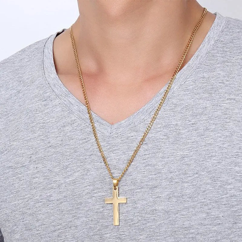 Classic cross pendant necklace for men stainless steel 5x3cm pendant 60cm chain black gold silver