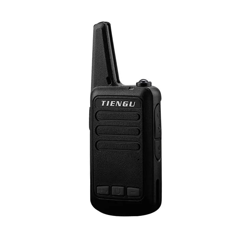 TIENGU black wireless handheld radio with LED flashlight, USB port, and back clip on a white background