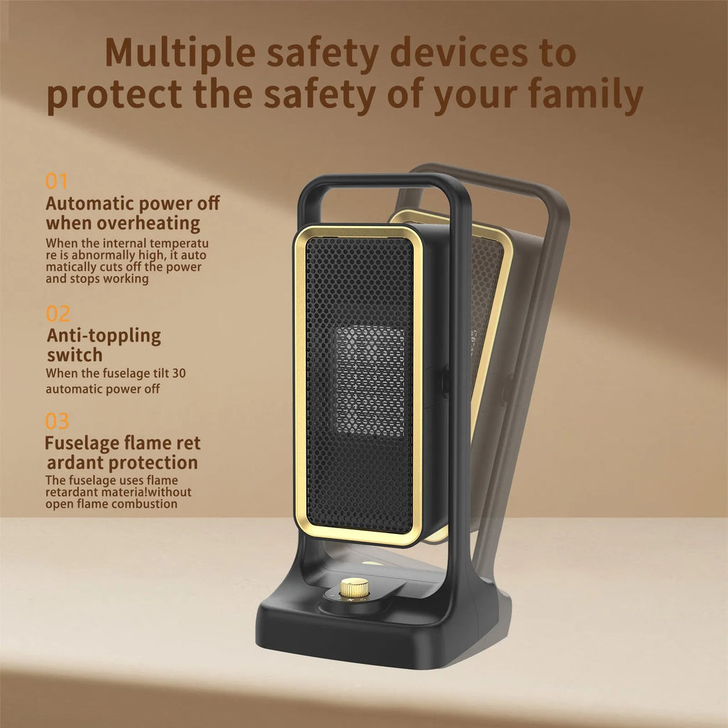 Black PTC ceramic desktop air heater with knob control showing EU UK US plug options