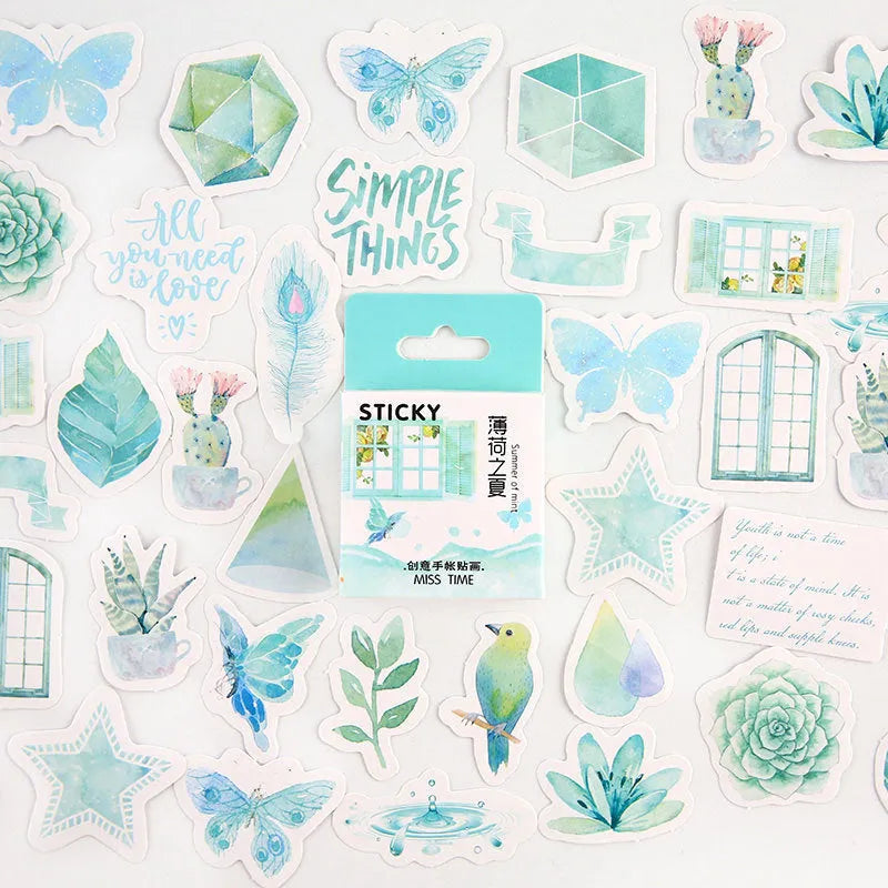Cartoon decorative sticker set for children's journals with 46 pieces across 9 themed designs