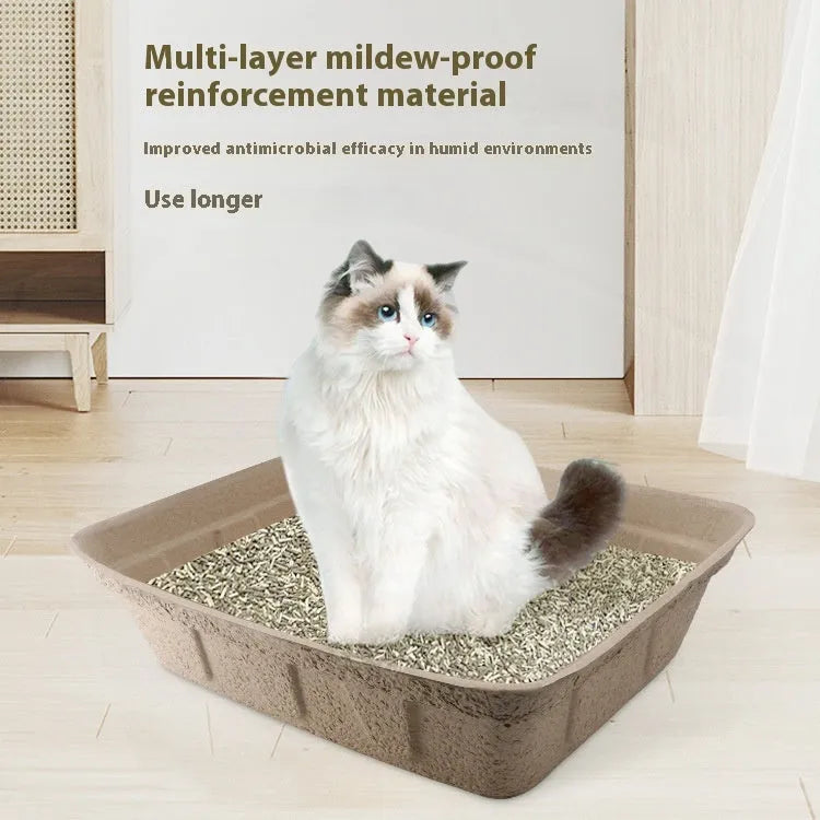 Brown disposable cat litter box showing three size options with waterproof biodegradable materials