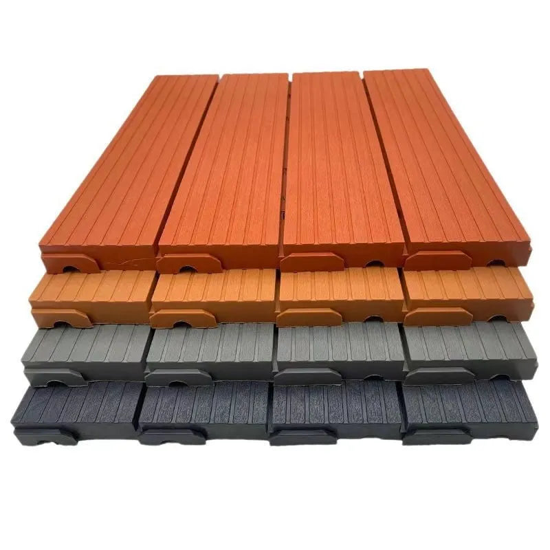 Ten wood grain plastic floor tiles showing non-slip surface and splicing edges.
