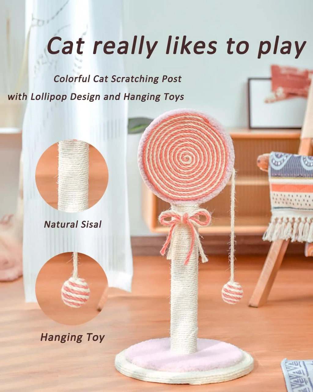 Blue sisal rope cat scratching post with a hanging ball on a sturdy wooden base.