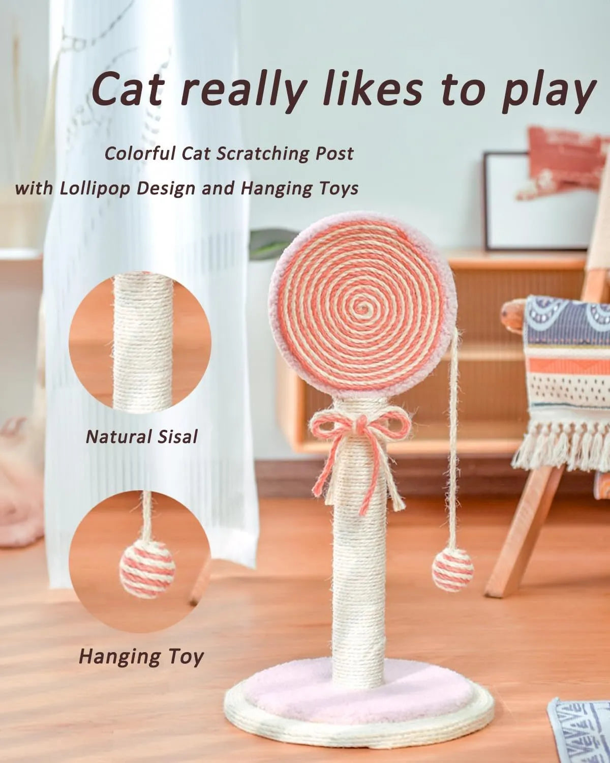 Blue sisal rope cat scratching post with a hanging ball on a sturdy wooden base.