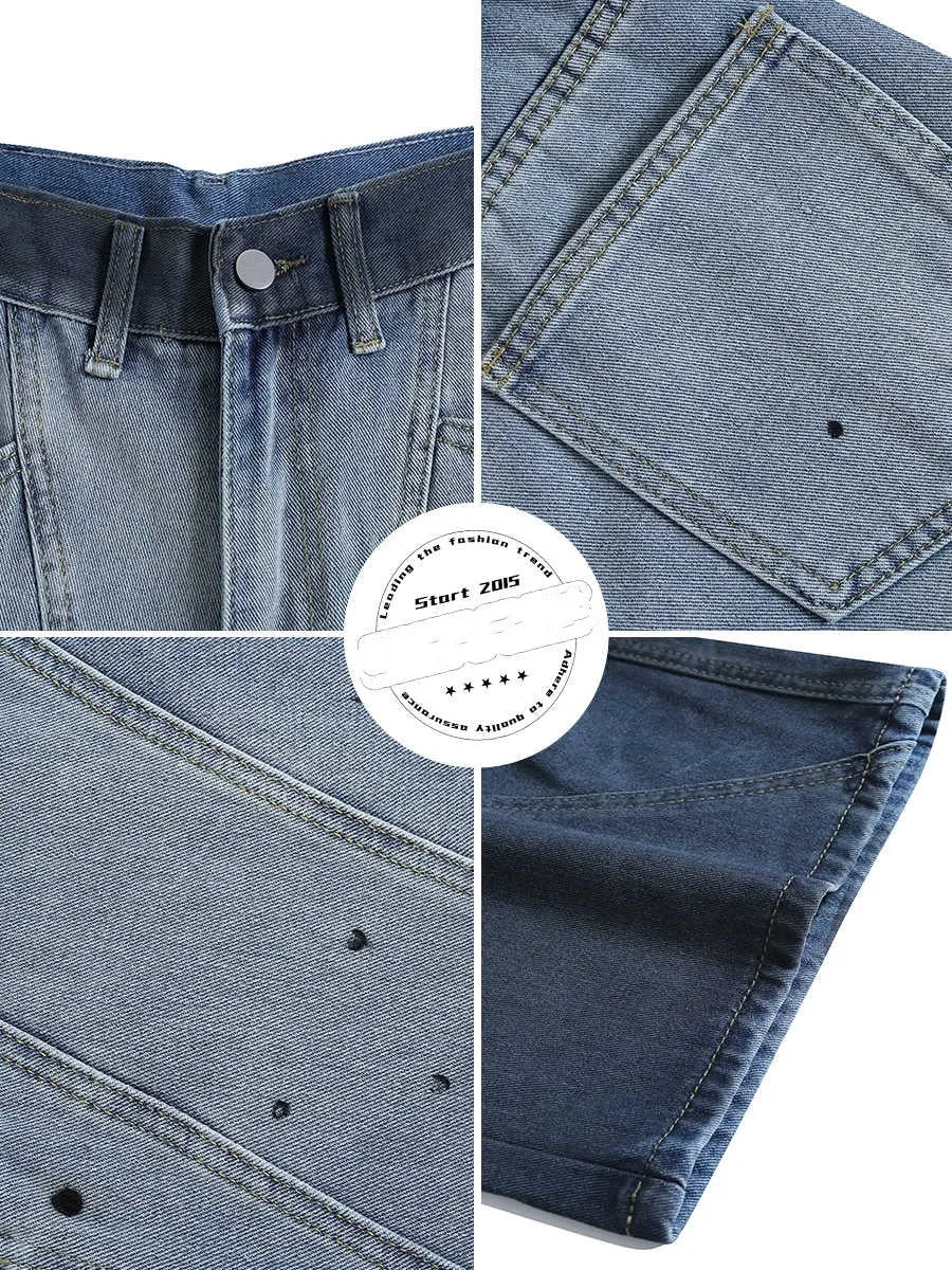Blue loose-fit cropped jeans with a tie-dye gradient pattern and a mid-waist