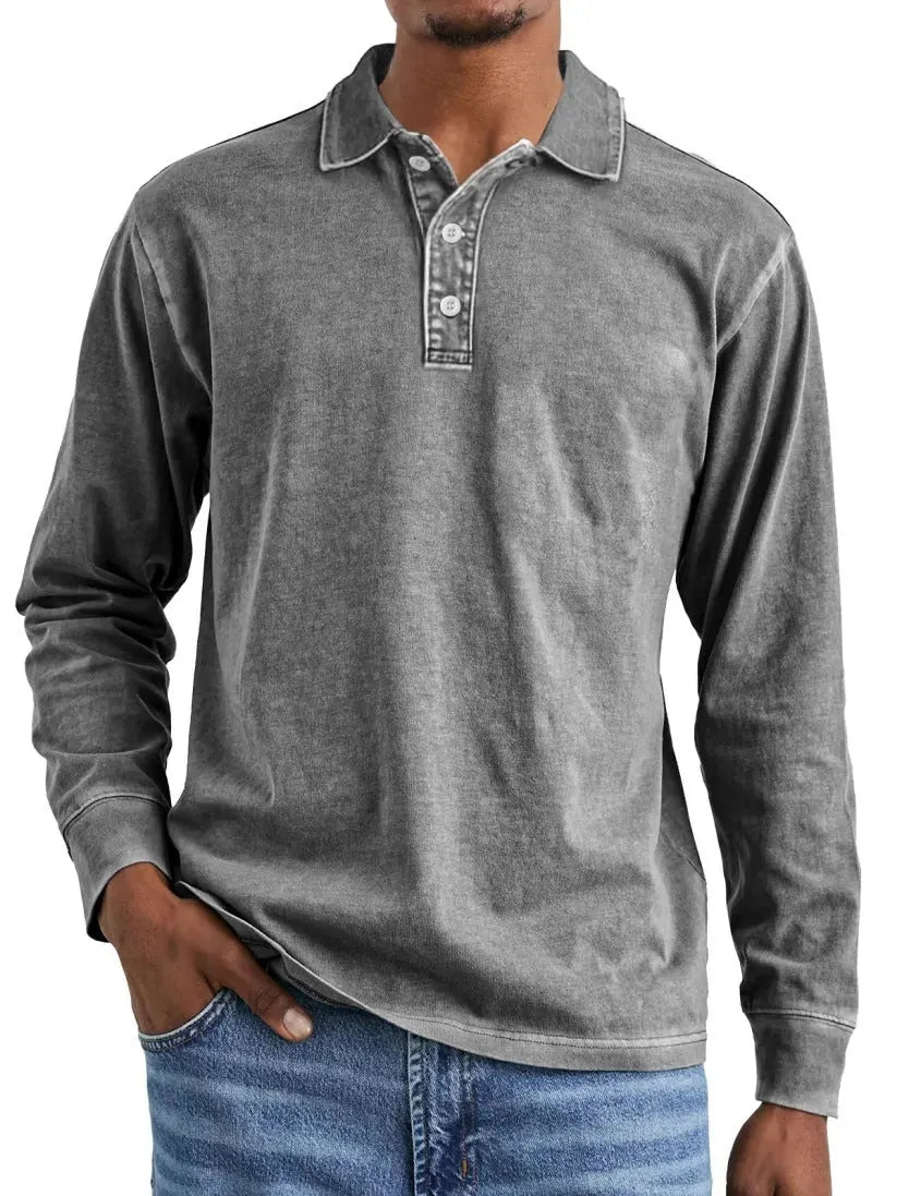 Retro washed distressed pure cotton lapel long sleeve polo shirt in Army Green.