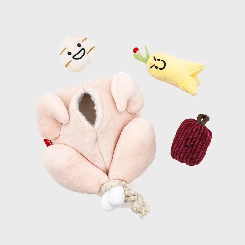 Cartoon cute pet dog cat squeaking plush sound toys chew throw set with chicken and molar rope
