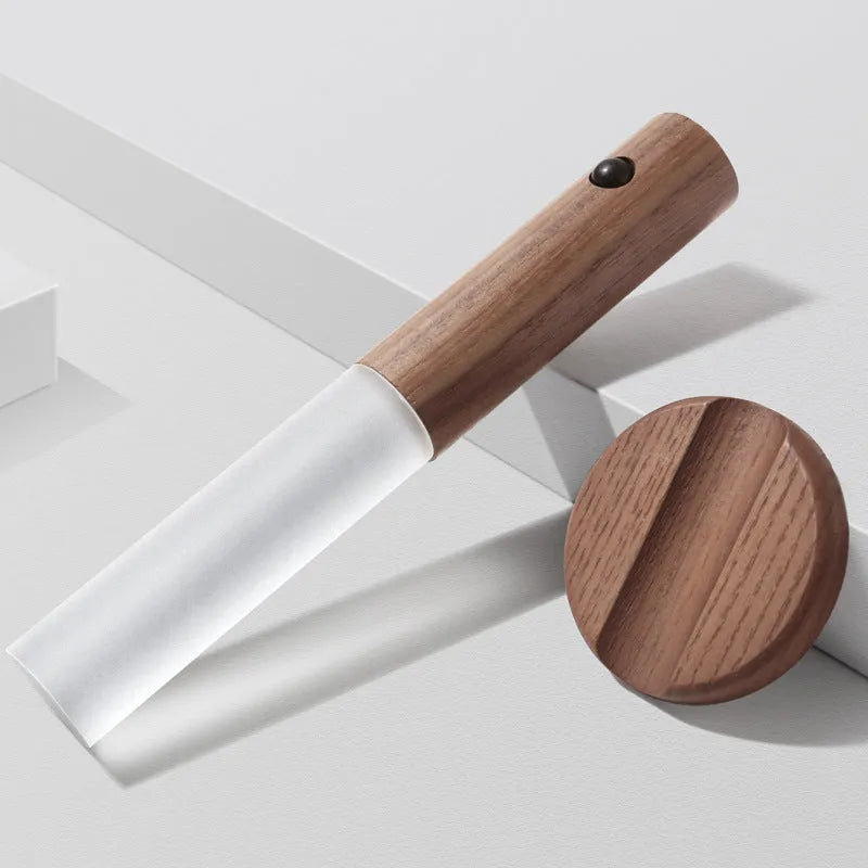 Smart sensor LED desk lamp in solid wood and organic glass with compact dimensions