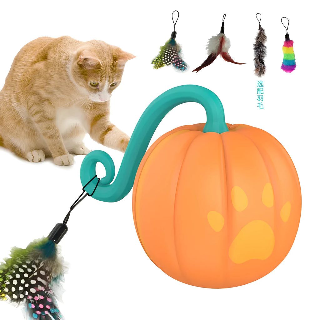 Electric LED light-up cat ball toy in watermelon red and green or orange pumpkin design.