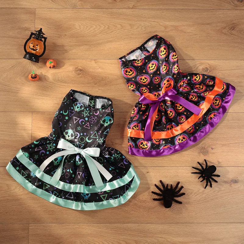 Halloween dog skirt with colourful pumpkin print, double-layer design, shown on a dog