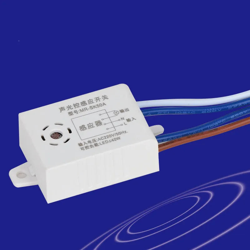 White sound and light control switch with dual sensor module for voice activated indoor lighting automation