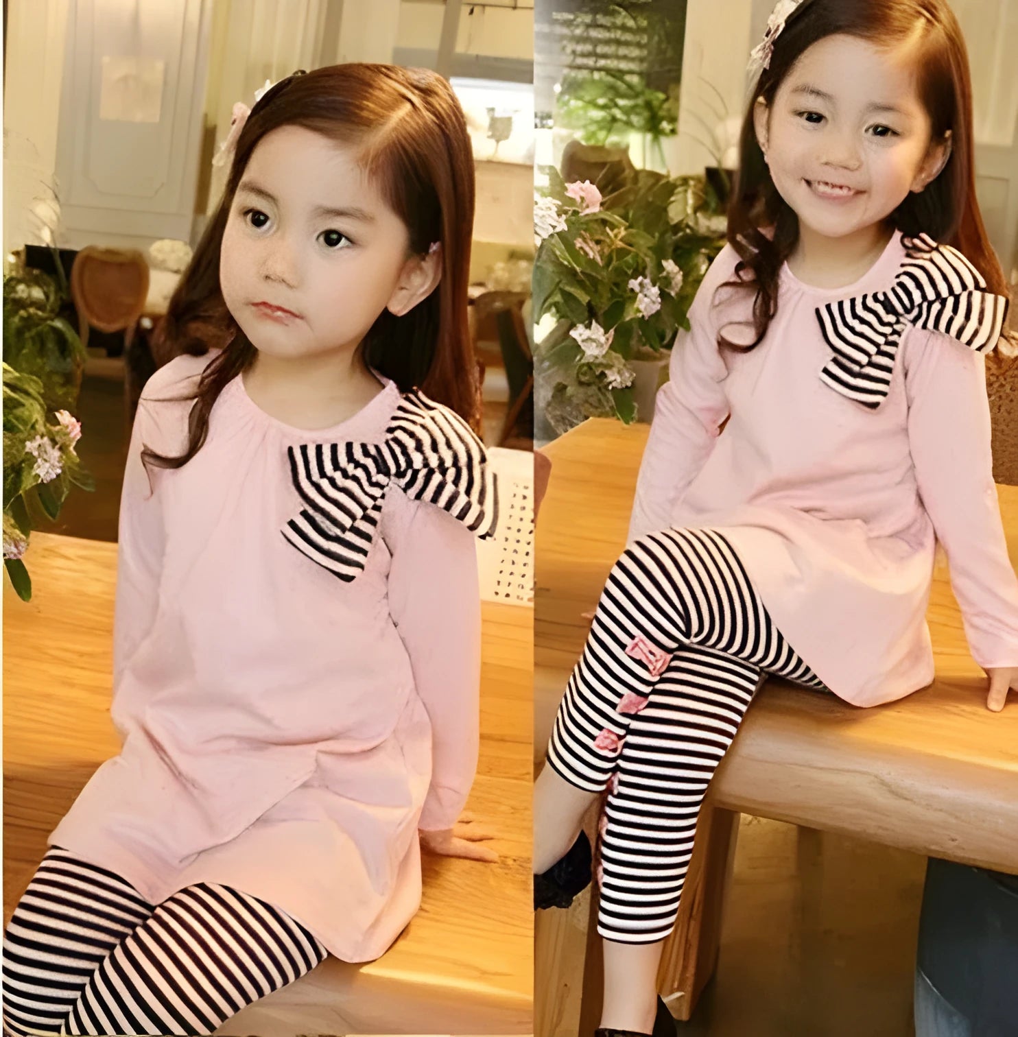 Pink cotton girl clothing set showing coordinated top and bottom in children's sizes 110cm to 140cm