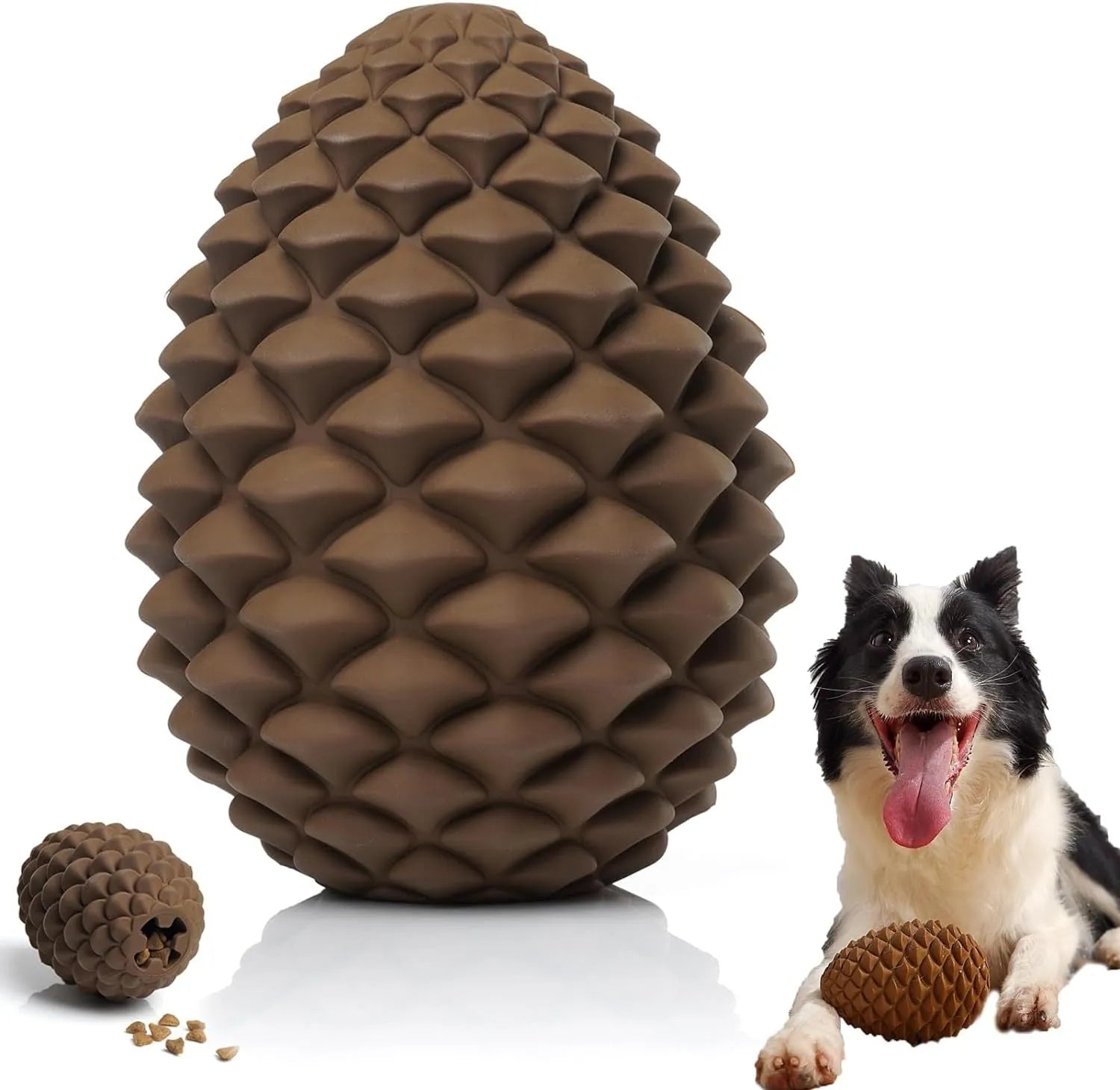 Yellow pine cone shaped dog chew toy with natural rubber construction and treat dispensing feature