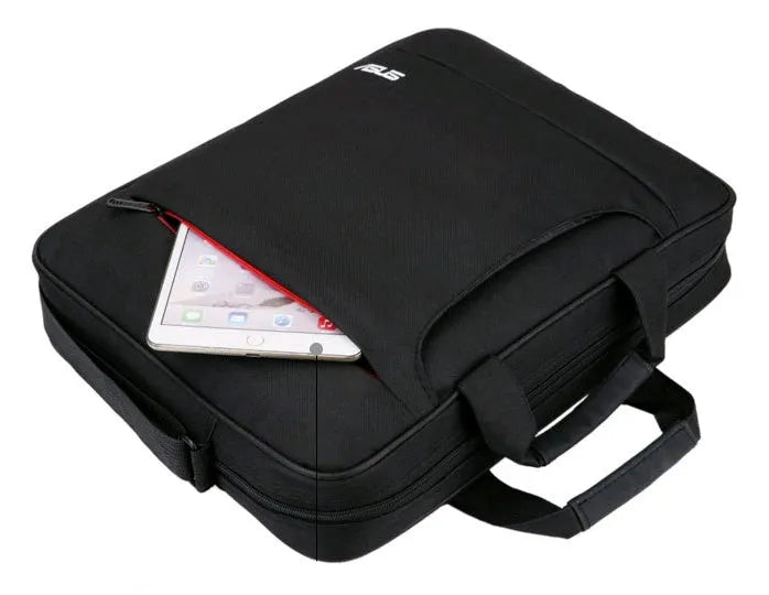 Black polyester diagonal shoulder laptop bag for 15 to 15.6 inch ASUS laptops with multiple internal pockets