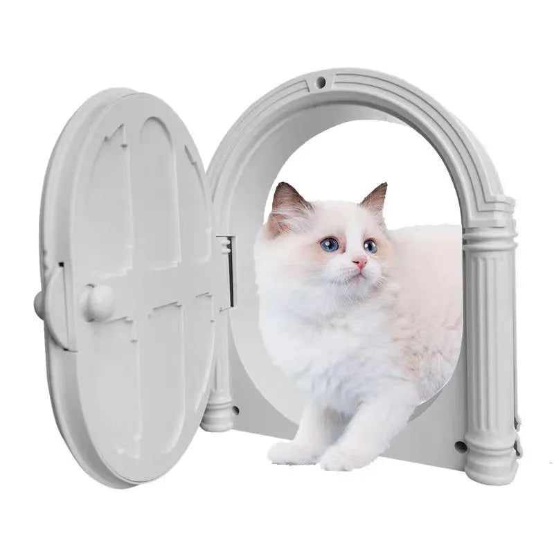 White plastic cat dog door with minimalist design on a black background