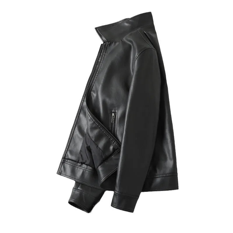 Black men's loose-fit PU leather jacket with zip and pockets on a mannequin