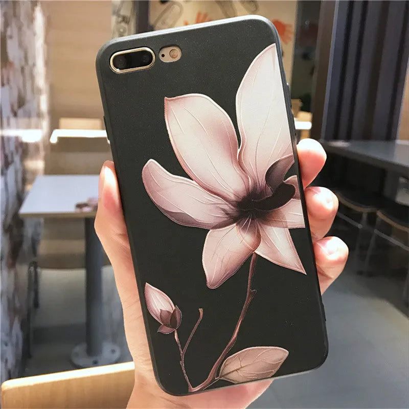 Embossed floral TPU phone case for iPhone in black and white colour options