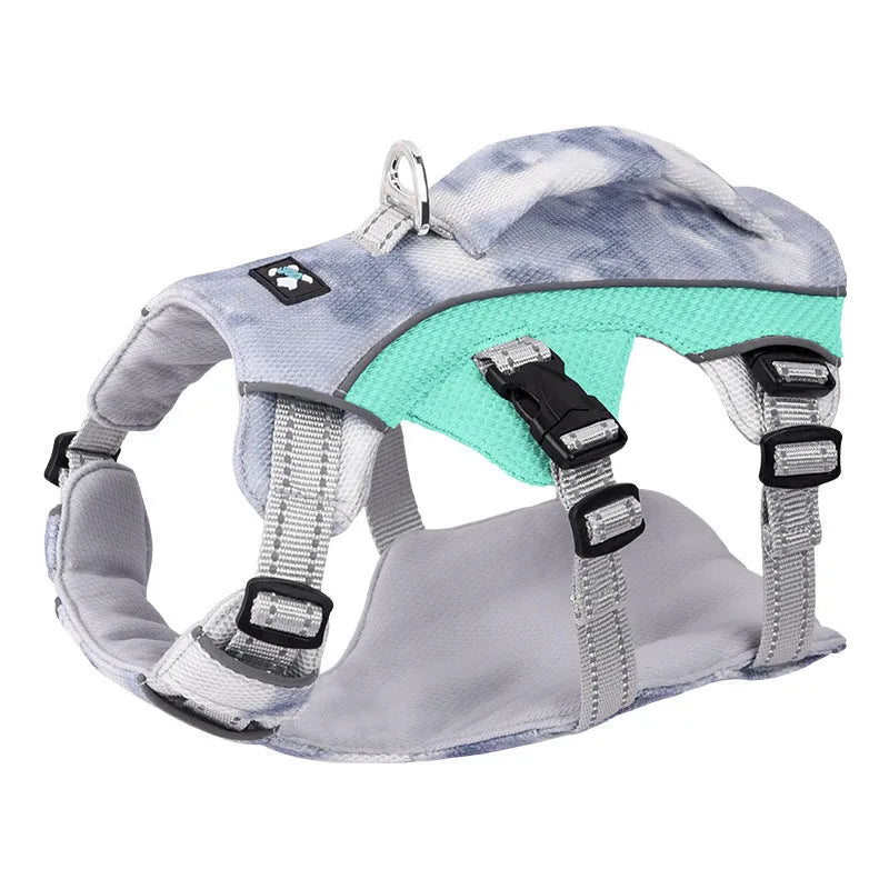 Reflective dog cooling chest strap in light blue, adjustable for walking safety