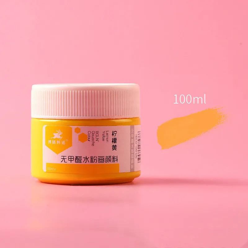 Bottled 100g gouache paint pigment for children's drawing in a choice of eight colours.