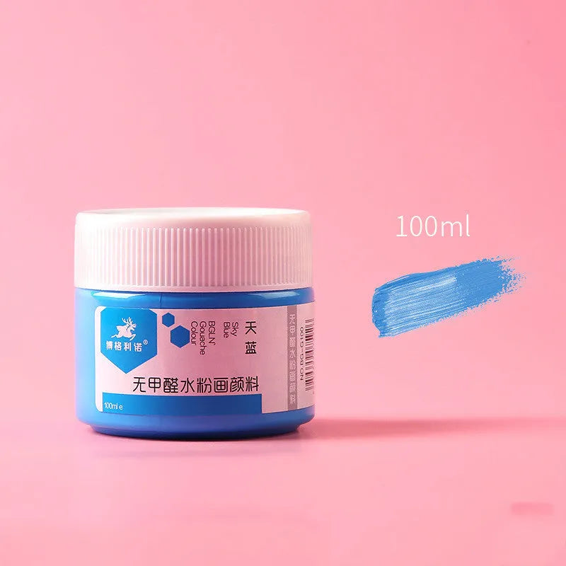 Bottled 100g gouache paint pigment for children's drawing in a choice of eight colours.