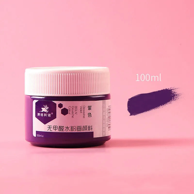 Bottled 100g gouache paint pigment for children's drawing in a choice of eight colours.