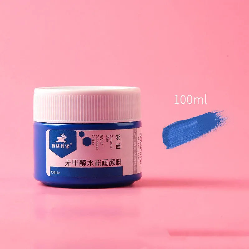 Bottled 100g gouache paint pigment for children's drawing in a choice of eight colours.