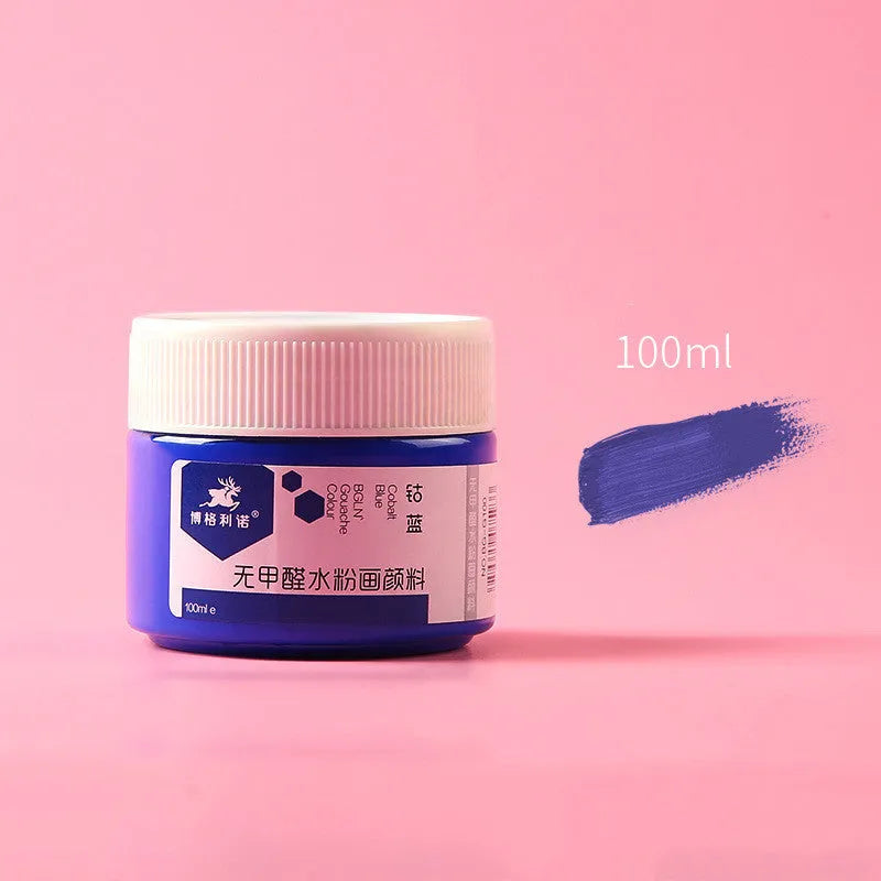 Bottled 100g gouache paint pigment for children's drawing in a choice of eight colours.