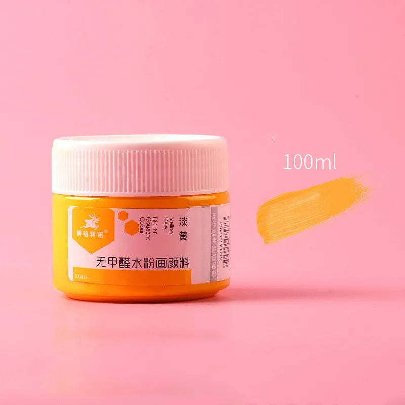 Bottled 100g gouache paint pigment for children's drawing in a choice of eight colours.