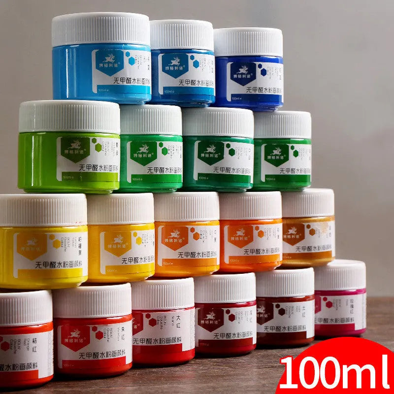 Bottled 100g gouache paint pigment for children's drawing in a choice of eight colours.